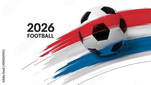 Dynamic 2026 football championship celebration with a soccer ball and vibrant brushstroke flag