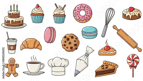 Collection of Delicious Bakery and Pastry Items in Cartoon Style.