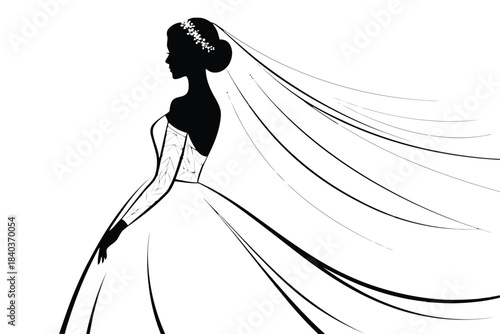 Swirl traditional bridal Black silhouette bride in flowing wedding dress with floral headpiece and veil