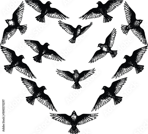 Heart Shape Formed by Flying Bird Silhouettes, Romantic Flock of Doves or Pigeons, Love and Freedom Concept, Vintage Stipple Art Drawing, Monochromatic Vector Illustration