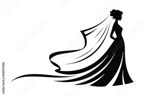 Swirl traditional bridal Black silhouette of a bride in a flowing wedding dress and veil on a white background