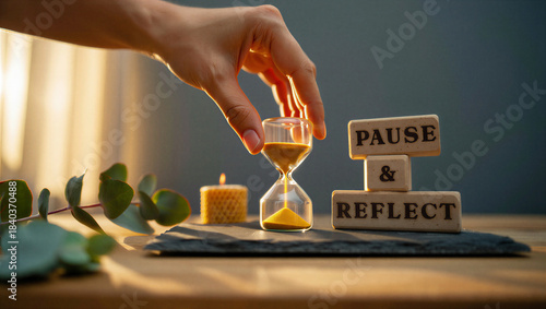 Mindful Reflection: Hand Flipping Hourglass for Personal Growth, Self-Care & Time Management. Pause & Reflect Concept.