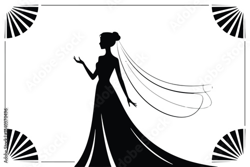 Swirl traditional bridal Black silhouette of a bride in a flowing gown with veil and art deco fan corner accents