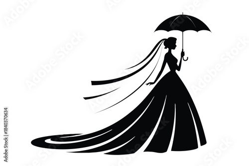 Swirl traditional bridal Black silhouette of a bride in a flowing wedding dress holding an umbrella against a white background