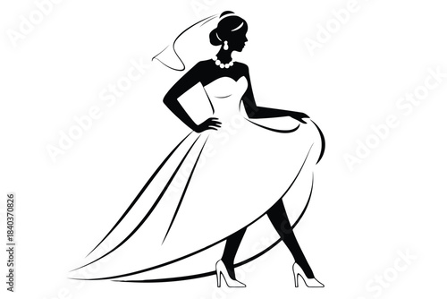 Swirl traditional bridal Black Silhouette of a Bride in a Wedding Dress and Pearl Necklace on White Background