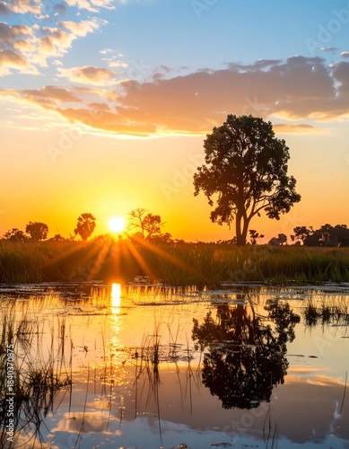 Sunrise over a tranquil African marsh