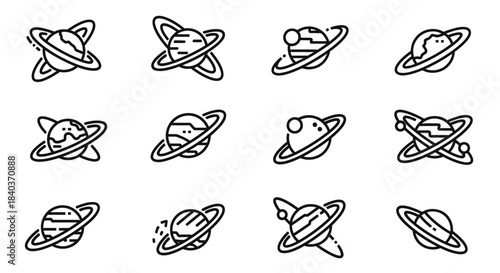 Collection of Planet Icons with Rings in Outline Style.