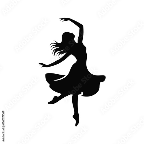 Swirl traditional bridal Black silhouette of a female ballet dancer in mid leap with flowing dress and outstretched arms on a white background
