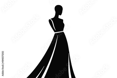 Swirl traditional bridal Black silhouette of a flowing ball gown on a mannequin against a white background