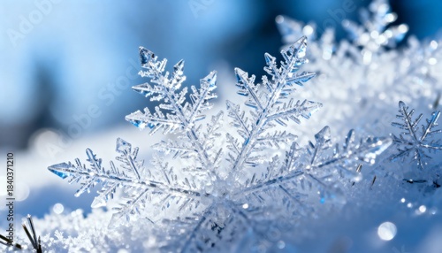 Macro frozen ice crystals with blue winter hues, intricate snowflake patterns, cold frost texture, modern clean Christmas background