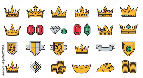 Collection of Royal and Wealthy Emblems - Crowns, Jewels, Shields, and Gold.