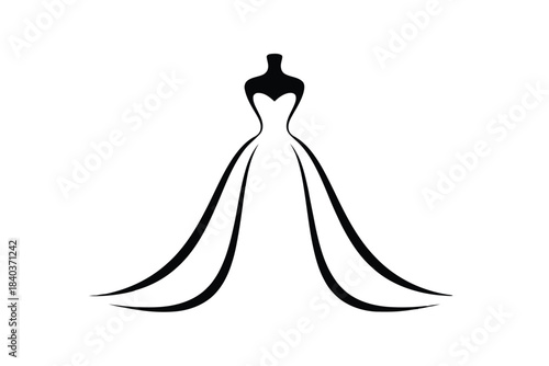 Swirl traditional bridal Black silhouette of a flowing wedding dress with a long train on a mannequin