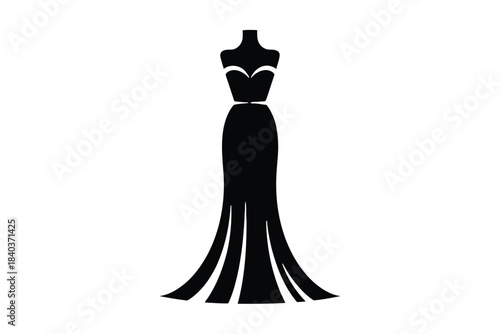 Swirl traditional bridal Black silhouette of a formal gown with sweetheart neckline and flowing skirt on mannequin