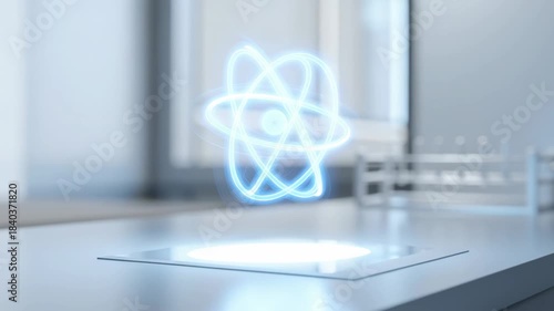 Holographic glowing atomic model floating above surface with soft light and blue glowing light futuristic technology concept room