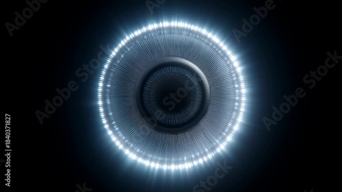 Glowing circular futuristic eye scanner with rotating light beams and digital scanning rings creating high tech glowing digital