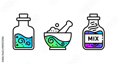 Colorful potion bottles and mortar with pestle illustration.