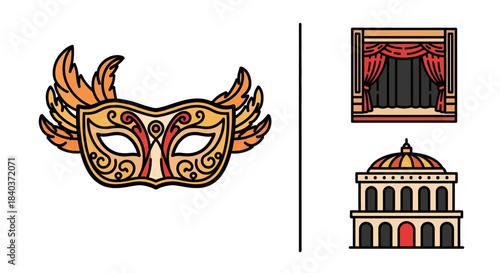 Colorful Theater Icons - Mask, Stage, and Building Illustrations.