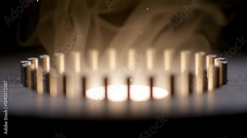 Burning gas stove burner flame with rising smoke in dark kitchen cooking hot gas burner metal nozzles glowing steam heat