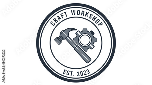 Craft Workshop Est 2023 Logo with Hammer and Gear.