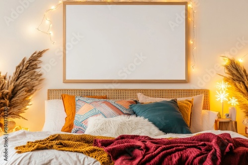 Blank Holiday Poster Above Bed in Cozy Boho Room