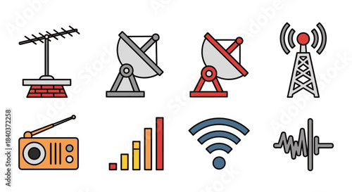 Communication Technology Icons - Antenna, Satellite Dish, Radio, and Signal Strength.