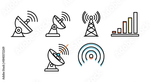 Communication Technology Icons - Satellite Dishes, Antenna, and Signal Strength.