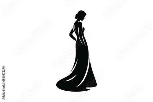 Swirl traditional bridal Black silhouette of a woman in a flowing evening gown with her back to the viewer on a white background