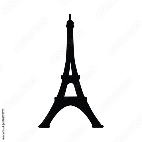 A black silhouette of the Eiffel Tower stands against a white background.