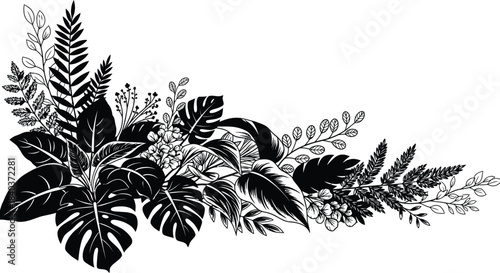Elegant botanical illustration of tropical leaves and ferns in a black and white style