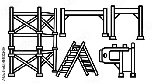 Construction Site Elements - Scaffolding, Ladder, and Support Structures.
