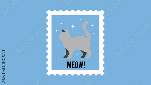 Cute Cat Stamp with Meow Text and Snowflakes.