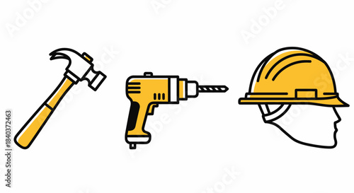 Construction Tools and Safety Gear - Hammer, Drill, and Hard Hat.
