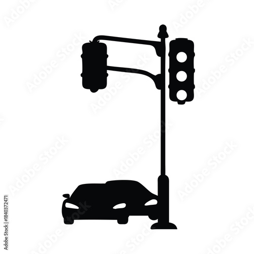 A silhouette of a car stops at a traffic light on a white background.