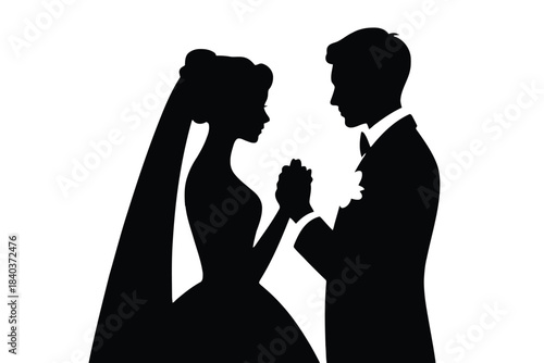 Swirl traditional bridal Black silhouette of bride and groom holding hands on wedding day with veil and boutonniere