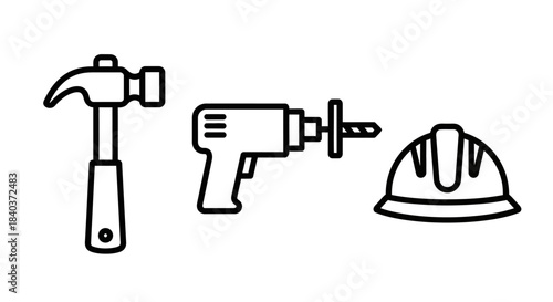 Construction Tools - Hammer, Drill, and Hard Hat Line Art.