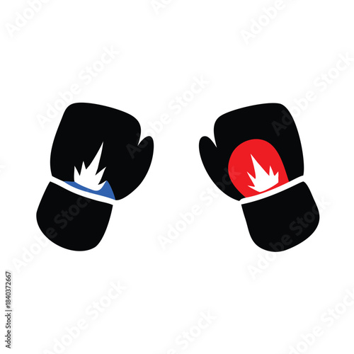 A pair of black boxing gloves with flame graphics are displayed against a white background.