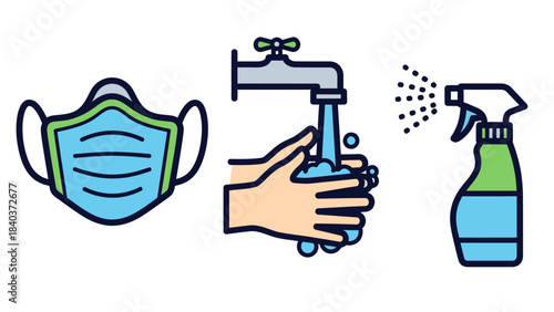COVID-19 Prevention Icons - Mask, Hand Washing, and Sanitizer Spray.