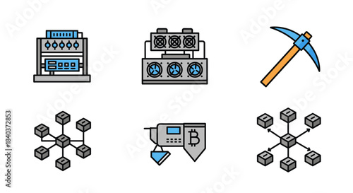 Cryptocurrency Mining Equipment and Blockchain Network Icons Set.