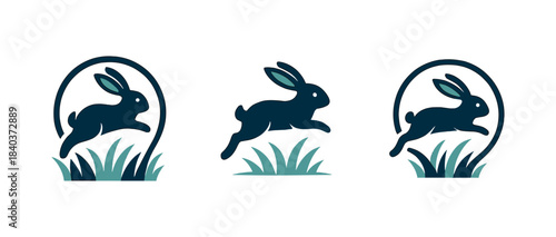 Rabbit logo set featuring energetic jumping silhouettes and stylized grass elements. The collection emphasizes motion, clean curves