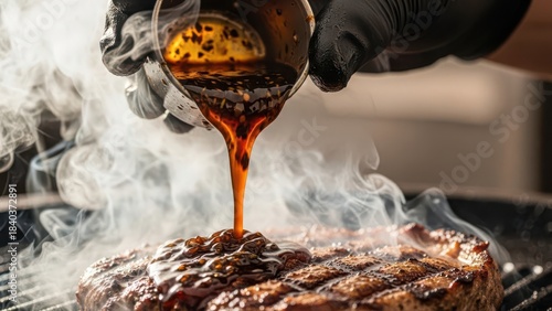 Closeup of a person pouring sauce on a grilled steak