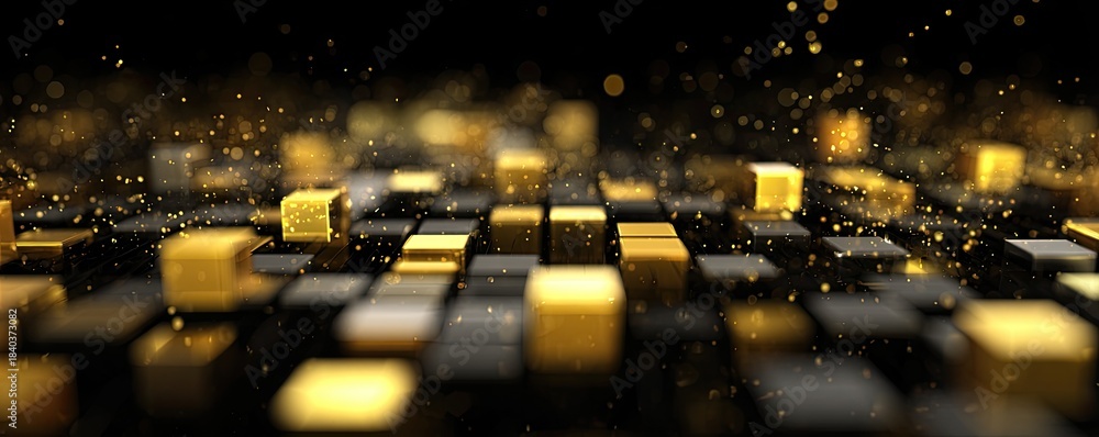Obraz premium Abstract golden and black cubes with glittering particles on a dark background