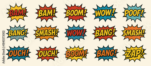 Comic bursts illustrated in bold retro style. Shows bang, oh, wow, boom, ouch, poof, zap, and other dynamic expressions with explosive shapes