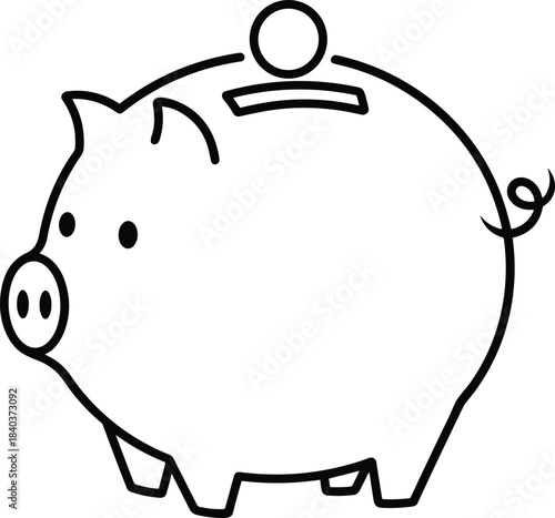 Outline drawing of a classic piggy bank with a coin being inserted, representing savings, finance, investment, banking, economy, budgeting, and future financial planning concepts.
