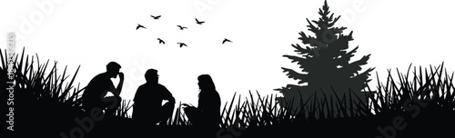 Outdoor Socializing People Silhouette, Friends Talking on Grassy Hill with Pine Tree and Flying Birds, Vector Illustration of Relaxation, Friendship, and Nature Concept