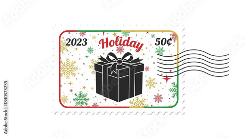 Holiday postage stamp with gift box and snowflakes.