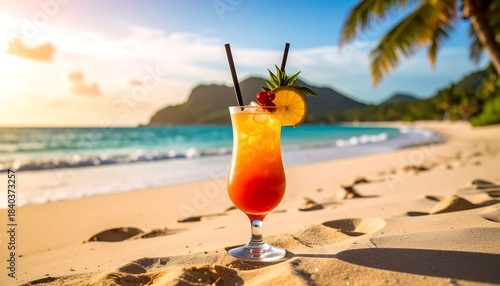 Tropical cocktail on a beach at sunset