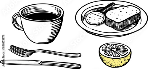 Hand-drawn breakfast set. Coffee cup, toast, lemon slice, plate, fork and knife. Black line sketch, simple doodle food illustration, isolated on white