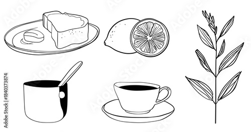 Sliced cake, lemon halves, coffee cup, and plant arrangement on a simple table