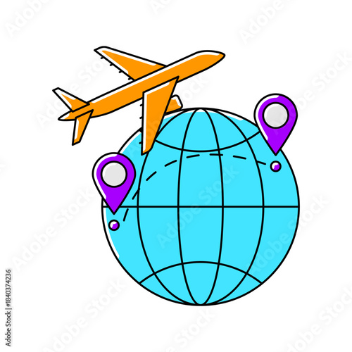 Airplane with globe icon. Air travel and tourism item.