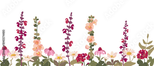 Single flat decorative border strip with minimalist garden flowers. Vector illustration to frame invitations, stationery or enhance design projects.